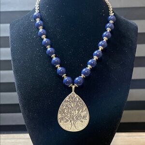 Navy Beaded Necklace with Intricate Silver Pendant